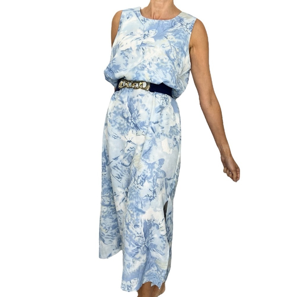 Vintage 80s 90s blue white abstract floral sleeveless long maxi shift dress 14 - Picture 3 of 11